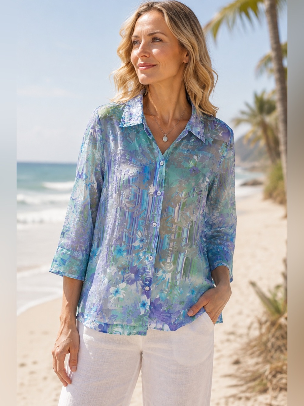 Vintage Choices Sheer Tropical Resort Blouse Top Medium M Mother of Pearl Button